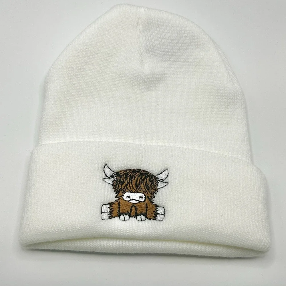 Highland Cow Cattle Cartoon Animal Beanie Hat Cap Knit Cuff White Outdoors